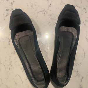 Delman black pony hair buckle flats